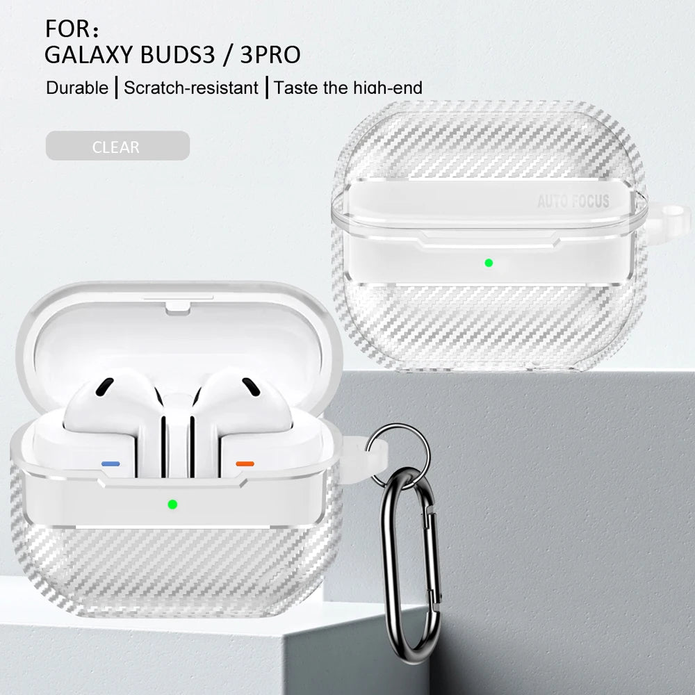 New Carbon Fiber Earphone Protective Cover For Samsung Galaxy Buds 3 / Buds 3 Pro Cover With Keychain Accessories Shockproof Bag