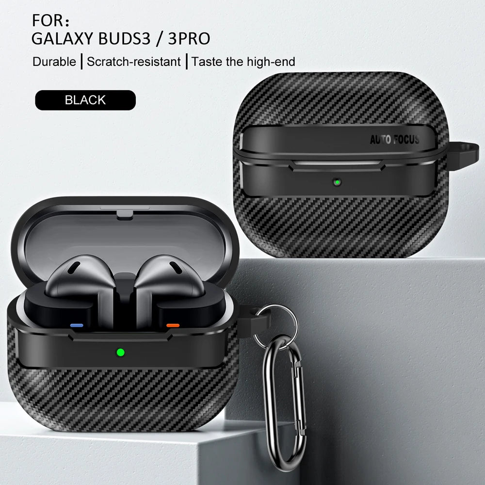 New Carbon Fiber Earphone Protective Cover For Samsung Galaxy Buds 3 / Buds 3 Pro Cover With Keychain Accessories Shockproof Bag
