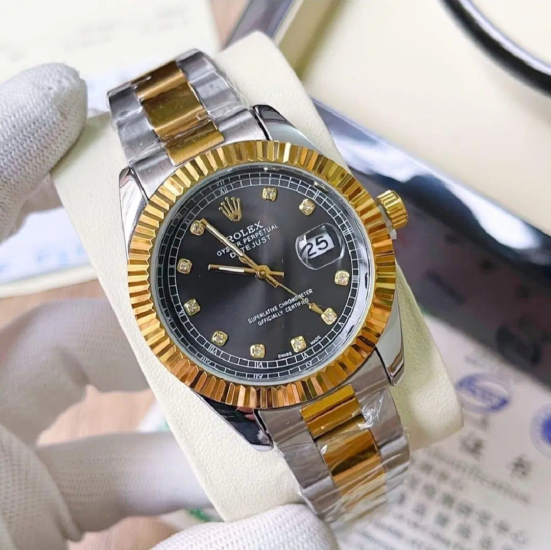 Rolex Datejust Men’s Two-Tone Watch – Black Dial with Diamond Markers | 41mm Oyster Perpetual