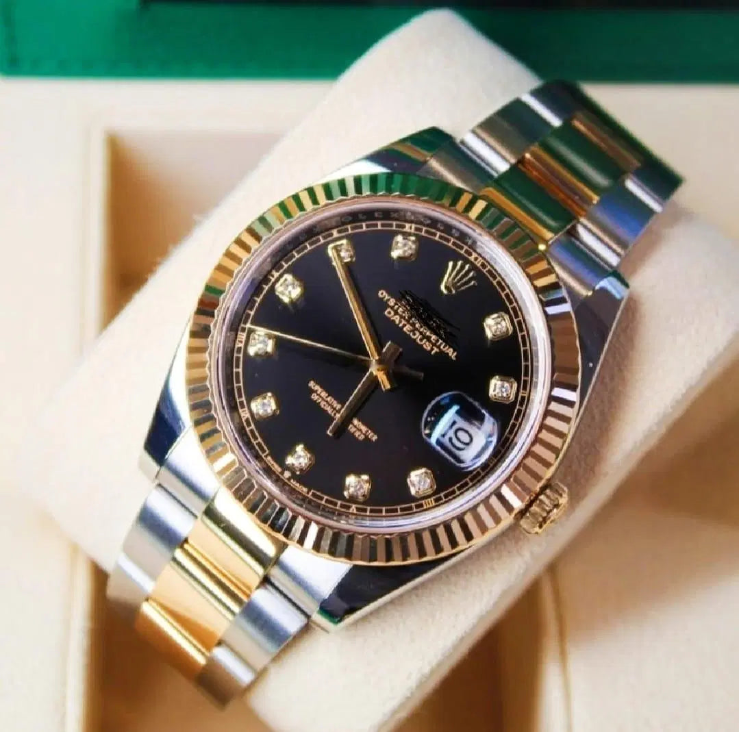Rolex Datejust Men’s Two-Tone Watch – Black Dial with Diamond Markers | 41mm Oyster Perpetual